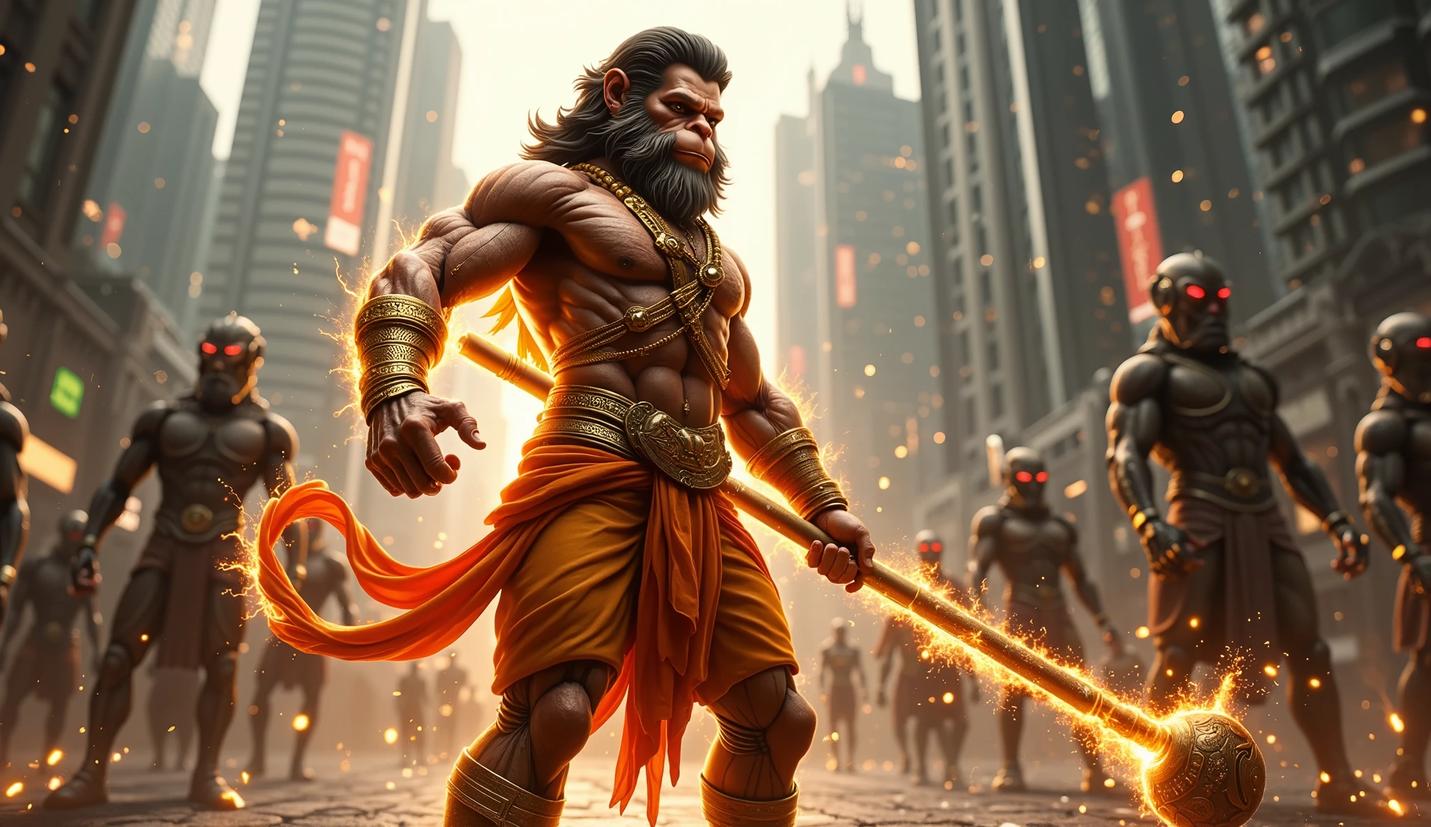 Lord Hanuman ji full of body, cyberpunk in full anger, mace in hand, full body, red eyes, trident in hand. In the lanka , ultra realistic 8k