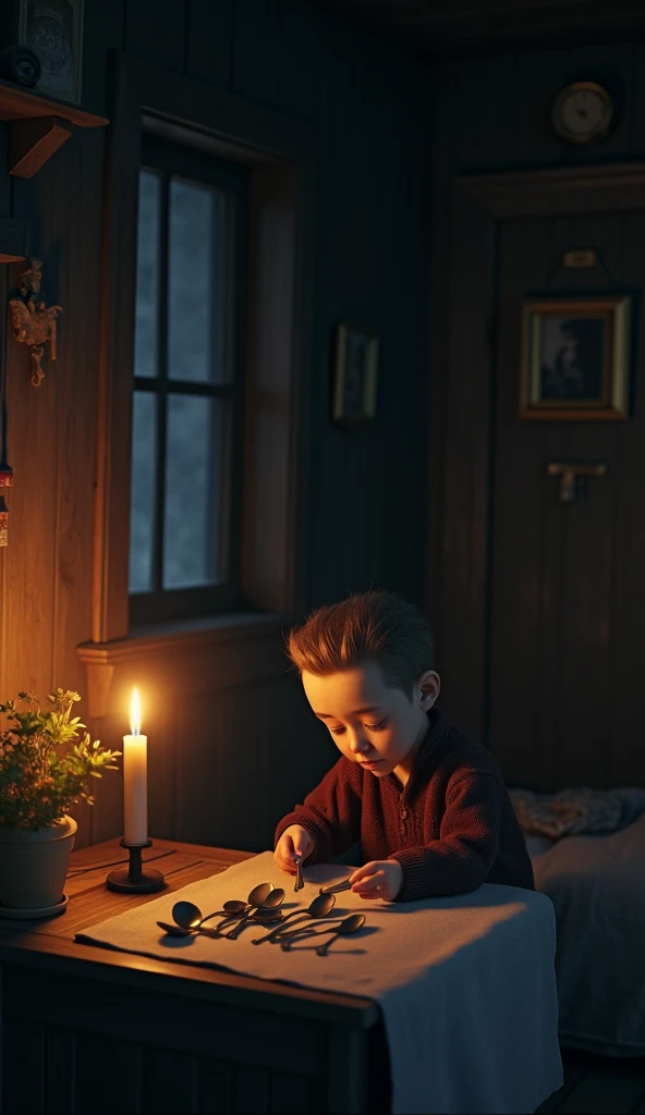 A 12-year-old boy in his room in the dark night illuminated by candles, thoughtful and serious appearance, thin and fine face, elegant clothes, early 1900s, room full of books, five fingers on each hand, electrical storm outside, very heavy rain.