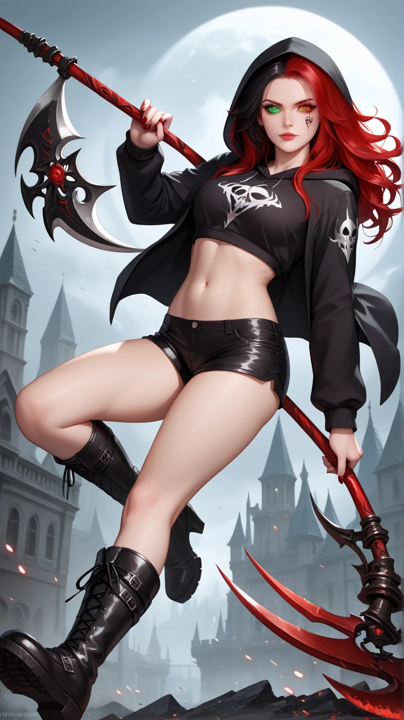 Princess Zelda Rogue, wearing extremely sexy black maid costume with extremely tight white shorts and tight on the body, extremely sensual, ((blood on the body and on the floor)), she has large bat wings, exaggeratedly large breasts, very sensual body, looking at the viewer, smiling, doing sensual pose leaning against a tombstone, short red mohawk hair, sparkling red eyes, macabre graveyard, is at night, fog, skulls on the ground, tombstones, terrifying weather, a full moon in the sky, (((full body))), 16k, UHD, Better quality, better resolution, better detail