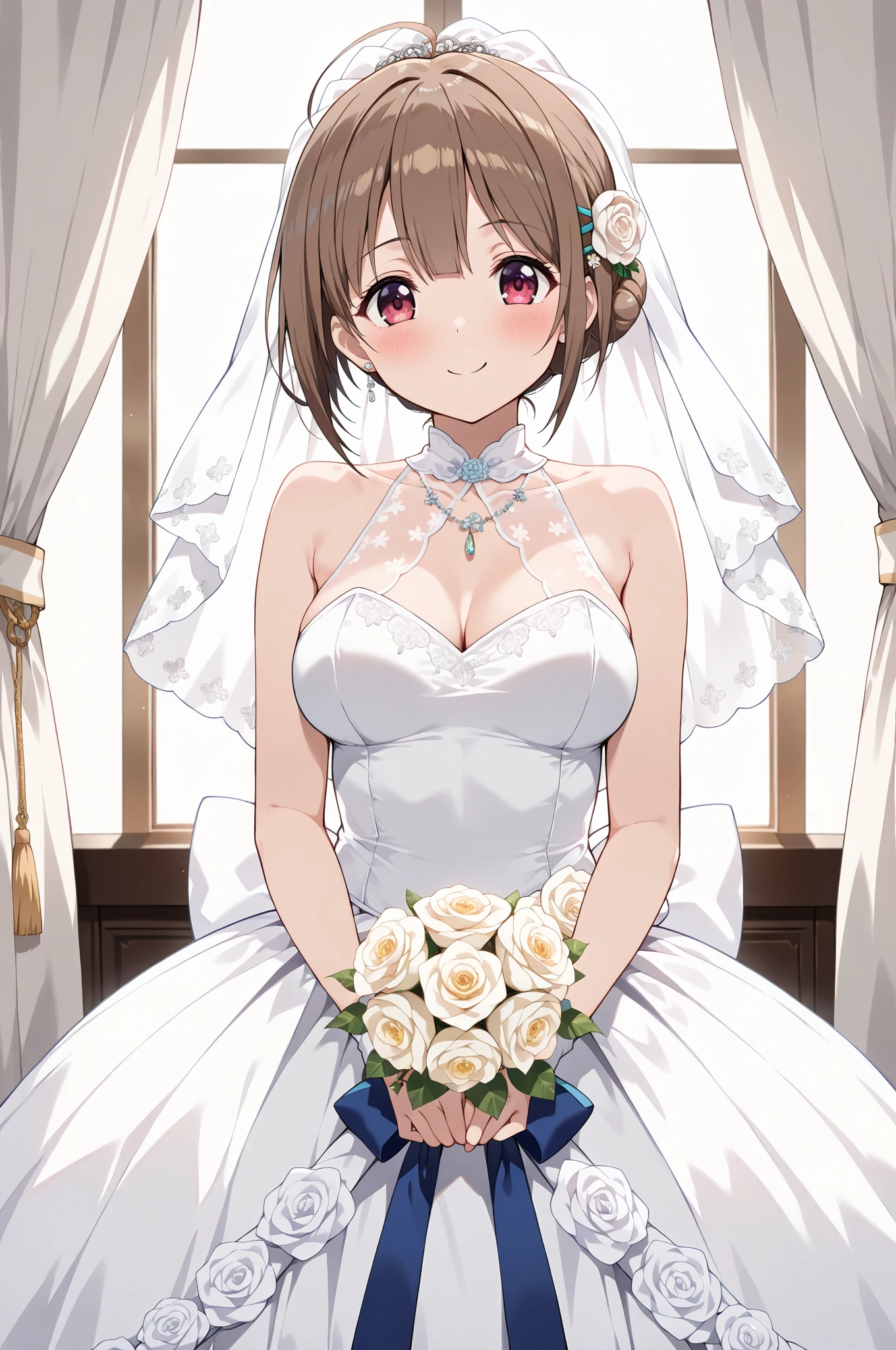 1girl, bride veil, bridal gauntlets, elbow gloves, white thighhighs, outdoors, wedding dress, flower, rose, cowboy shot, miniskirt, cleavage, smirk, , inviting smile,