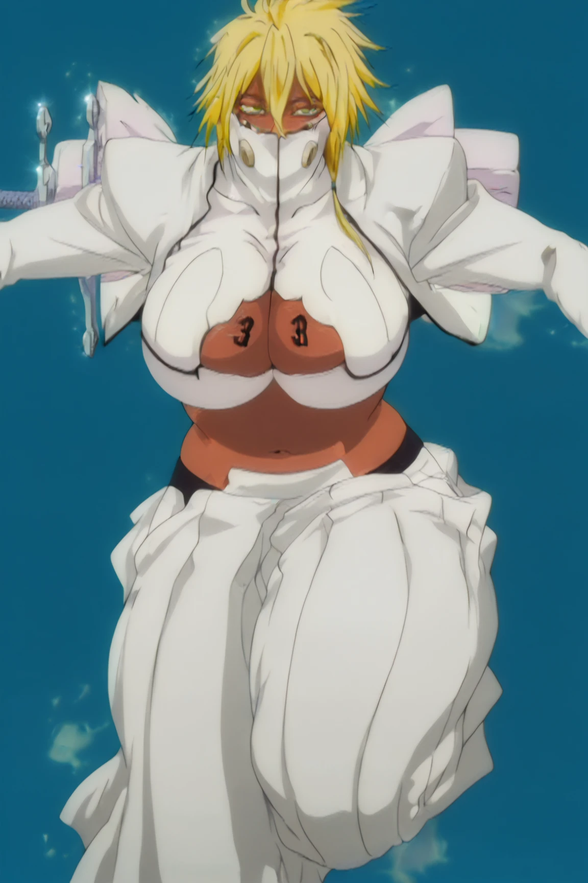 tia yellow eyes, blonde hair, short hair, blue ribbon, large breasts, detached sleeves, bedroom background, royal bedroom, tiara, laying down on bed, red cape, yellow bikini, high heels, hands on hips. red tattoo on belly, full body female milf