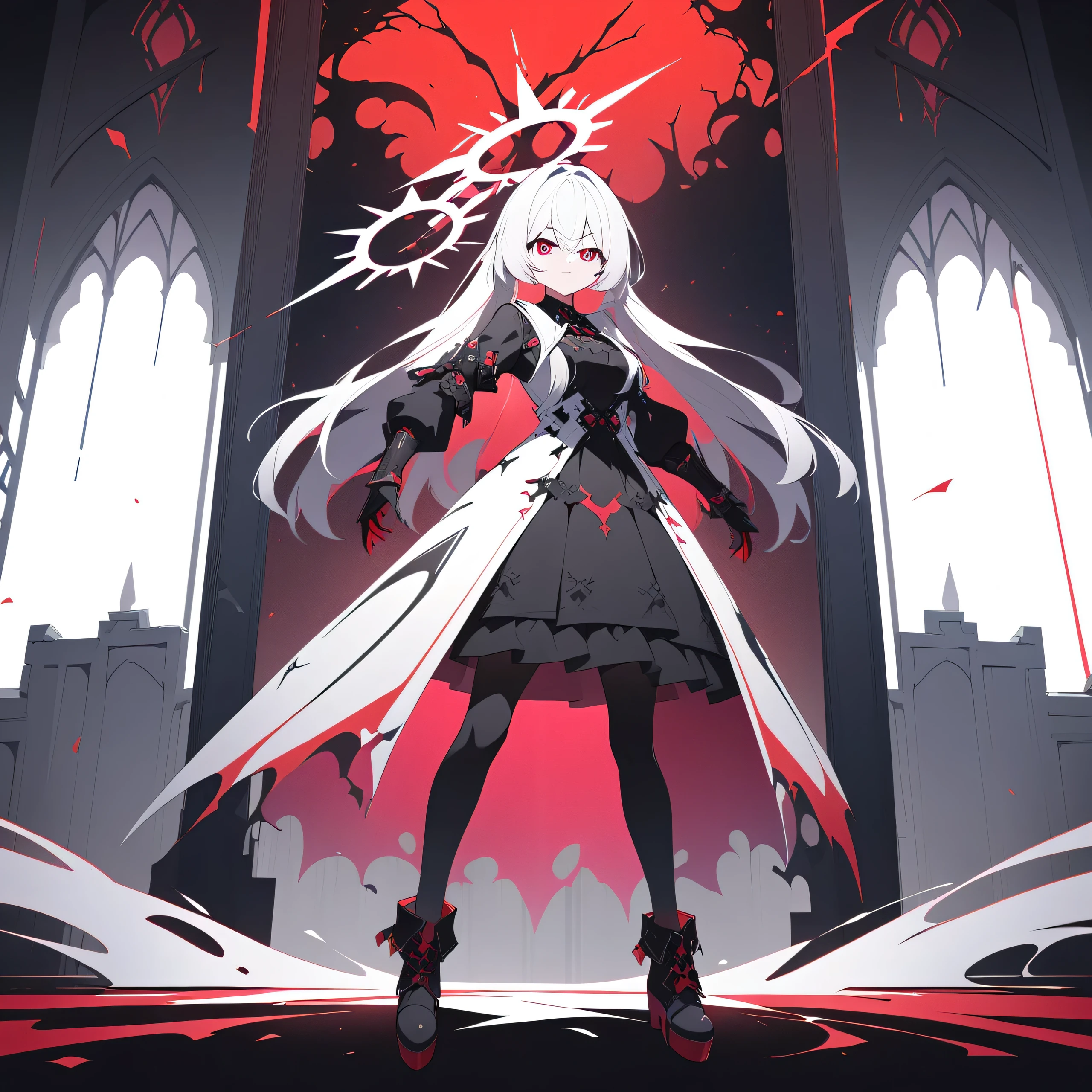 Sit at a desk,(Silver long hair,bangs,Sharp eyes),Red Eye,Dimly lit room,Cute sweets,(Oversized off-white hoodie,Black long skirt,Grey tights),Seven of Swords Tarot Card