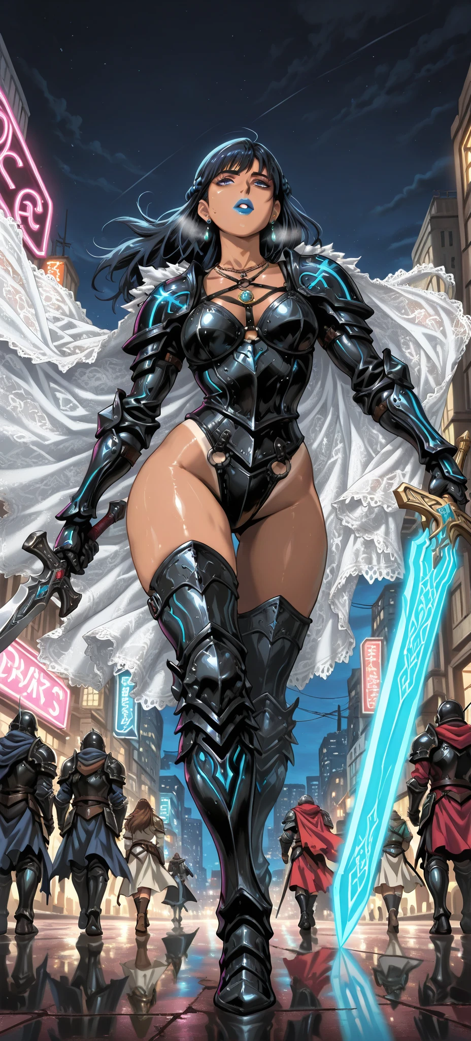 (1 mature muscular female paladin,gorgeous paladin armor,arm guard,leg guard,cecklace,silver hair,25yo), perfect hands, perfect finger,perfect anatomy, masterpiece, best quality,realistic, hyperrealistic, 16k hdr,(fantasy world,outdoor,castle:1.2),(cool beauty),dynamic fighting pose,dynamic angle,navel,from below,(oda non:1.4),