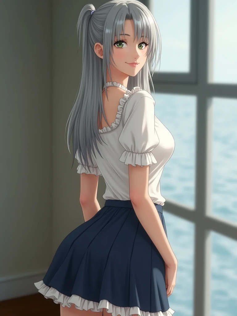 8k, best quality, masterpiece, best quality, clear face, delicate facial features, real skin shine, a cute girl, shy, facing the camera, girl sitting in a bar in a gray fishnet sweater and tight denim, clear bar background, sea view, arms on bar counter, hips, slim body, big breasts, 24 years old, charming, seductive eyes