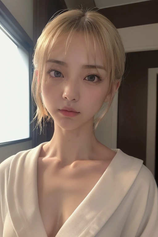 ((Best quality, 8k, Masterpiece :1.3)), 1girl, Pretty woman with round breasts:1.3, (platinum white hair, random hairstyles :1.2), undersized see-through plastic bra and mini thong:1.2, hard nipples, cold Ultra-detailed face, Detailed eyes, Double eyelid, armpit