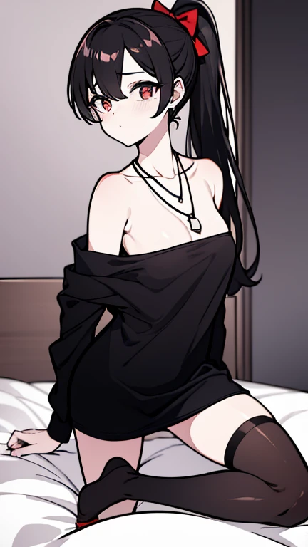 High tail hairstyle, one Ponytail hairstyle, Ponytail hairstyle,white hair, Long wavy black hair, standing posando, anime girl style, pixel art anime style,penetrating look with deep eyes,red and purple eyes, hair with a ponytail hairstyle trapped with a big red bun, women, red hair clips, x color shaped hair clips , smiling face blush, next to his bed, Black hair, thighs grandes, NSFW, from below, neckline, looking at the viewer, lascivious smile, ((oversized t-shirt)), off the shoulders, without pants, washing machines, thighs, ((White T-shirt)), standing, hands on the hips,