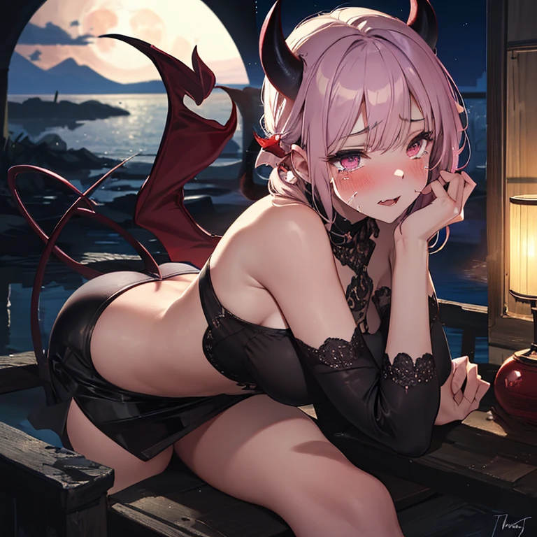 Star shaped pupils, 4k, Iridescent hair, twin tails ,Lens flare, pink hair highlights,mascara, eyeliner, god rays, 4k, 8k, best quality, masterpiece, hyper detailed, intricate detail, 1girl, solo, detailed, Detailed fuschia hair ++, detailed pink eyes ++, large breasts, raytracing, perfect shadow, highres, enhanced eyes, demon, succubus, thick, evil grin, fangs, huge breasts, naked