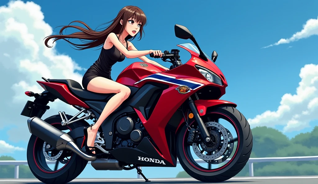 (masutepiece), Full body shot, photo of the Suzuki whole motorcycle, Cute young woman in Evrope, Ride an old traditional shiny metallic silver motorcycle at the wharf, glamorous shape, shoulder length shiny smooth light brown hair, Wearing a leather black riding jacket, Glossy satin red bikini under riding jacket, Leather Black Riding Gloves, Leather Black Pants, Leather Black High Heel Long Boots, staring at night view over the sea, absolutely pretty face, Double eyelids, Natural makeup, long eyelashes, Glossy lips, 8K resolution, high details, detailed hairstyle, Detailed face, Black eyes, elegent, epicd, Cinematic lighting, Octane Rendering, Vibrant, Hyper realistic, Fair skin, Perfect limbs, Perfect Anatomy