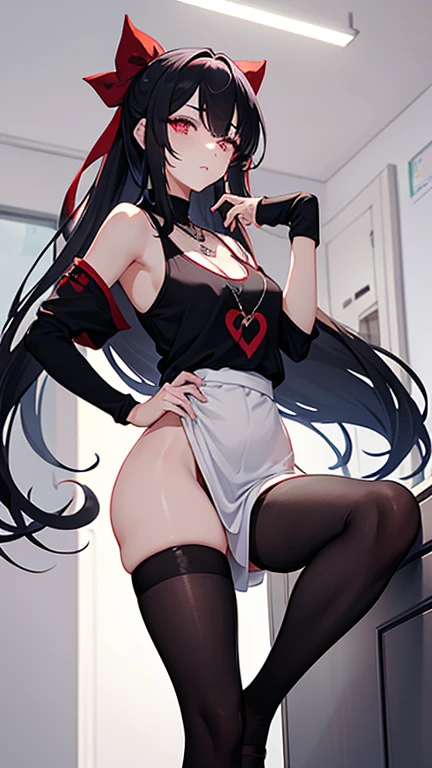One girl, alone,Black bodysuit,Wear glasses on your head, belly button, pants, Purple eyes, rain, black pants, View your viewers, Bare shoulders, Stomach, abdomen, Purple Hair, Part your lips, choker, Off the shoulder, black choker, tattoo, underwear, panties, Sitting, Black crop top, Medium chest, 十字形のHalter neck, Halter neck, shirt, white shirt, Long Hair, High leg, black panties,Star Kafka,Huge breasts,Shiny,Shiny skin,Mature Woman