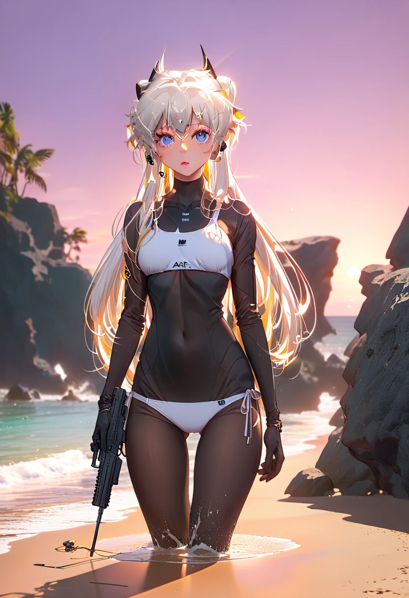 (masterpiece, best quality, ultra-detailed, photorealistic), 1 girl, curvaceous but slender body, Extreme vividness, Anime girl with curly ponytail, petite figure, white functional coat, small, blue-purple gradient ski goggles, cyberpunk, gray hair, natural casual style, dynamic stance, golden section, portrait with large aperture, cool tones, strong visual impact, white space, light and shadow contrast, super texture, sunset afterglow, super clear picture, simple picture
