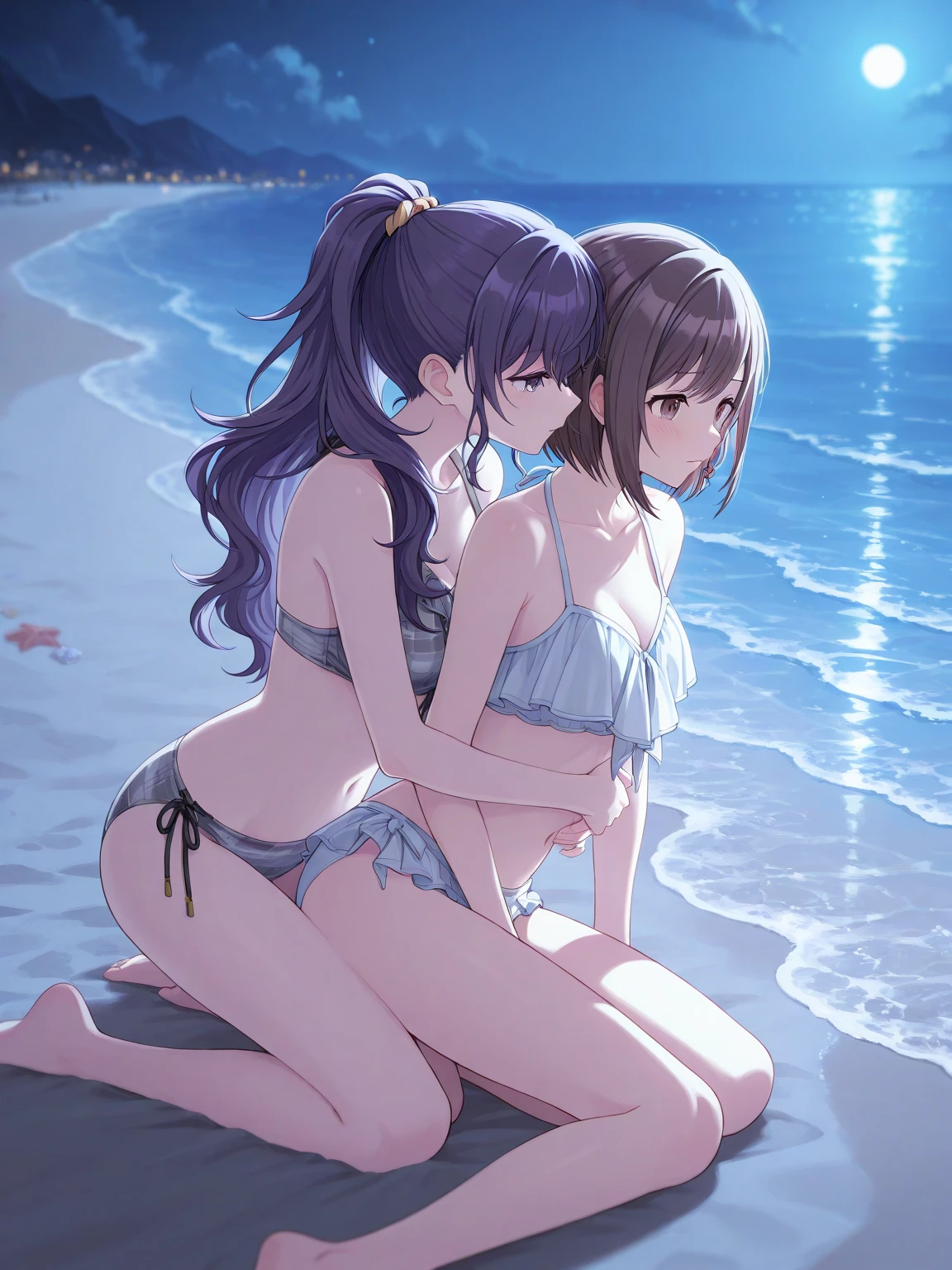 32k, best quality, ultra high res, HDR, UHD, extremely detailed CG, unity 32k wallpaper, very cute, 16-year-old girls, 3 person, Purple eyes, ((black competitive swimsuit)), Beach, black long hair, (large breasts), (Laugh shyly), ((Lie down on a picnic sheet)),