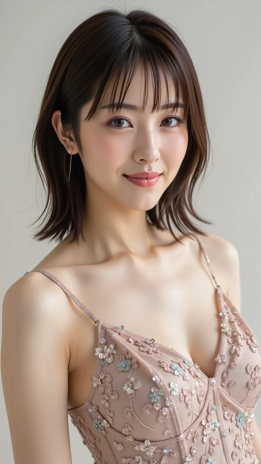 (highest quality, 8k, 32k, masterpiece, Ultra-high resolution:1.2),Beautiful Japanese Women Photos, alone, 1 girl, Glowing Skin, Glittering earrings, glamorous, Quirky details, charm, Expose your shoulders, Sheer silk lace crop top, Tight Skirt, Shallow depth of field, Contrasting, Professional Model, look forward to, Overbyte、mouth half open、blush:2.5、(Large Breasts)、Random hairstyles for short hair、Black Hair、Face close-up、Portraiture、Teeth are visible、Big Mouth、Slit eyes、Single eyelid、Round face、Multiple moles、Fair skin、Sexy 32 year old、Brown eyes、Big smile、(Chubby),Pulling hair up、