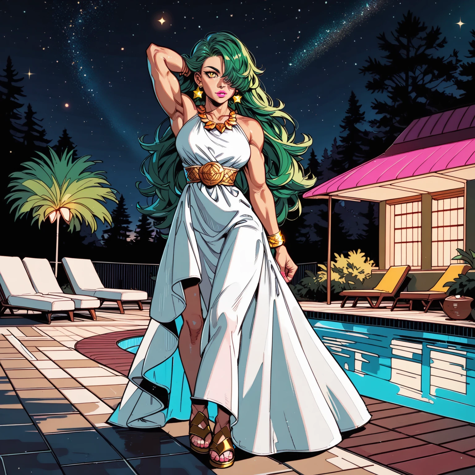 Masterpiece, Professional, High Definition - quality, sharp focus, perfect artwork, Best Illustration, trending on artstation, UHD, 4k, full body, NSFW
((1girl, solo ,alone, long hair, green hair, yellow eyes, hair covering one eye, woman, (one hand on her hip, one hand behind her head) , dynamic pose, muscular female, gold bracelets, ruby earrings)), , ((solo, (1woman, pink lipstick), Extremely detailed, ambient soft lighting, 4k, perfect eyes, a perfect face, perfect lighting, a 1girl)),, ((looking at the viewer, white dress, dress golden embroidery, dress with gold details, gold sandals, swimming pools, kiosks, night, stars, trees, forest in the background, city buildings at night, coconut trees, poolside, jewelry, amestista necklace, bracelets, earrings, marble floor))