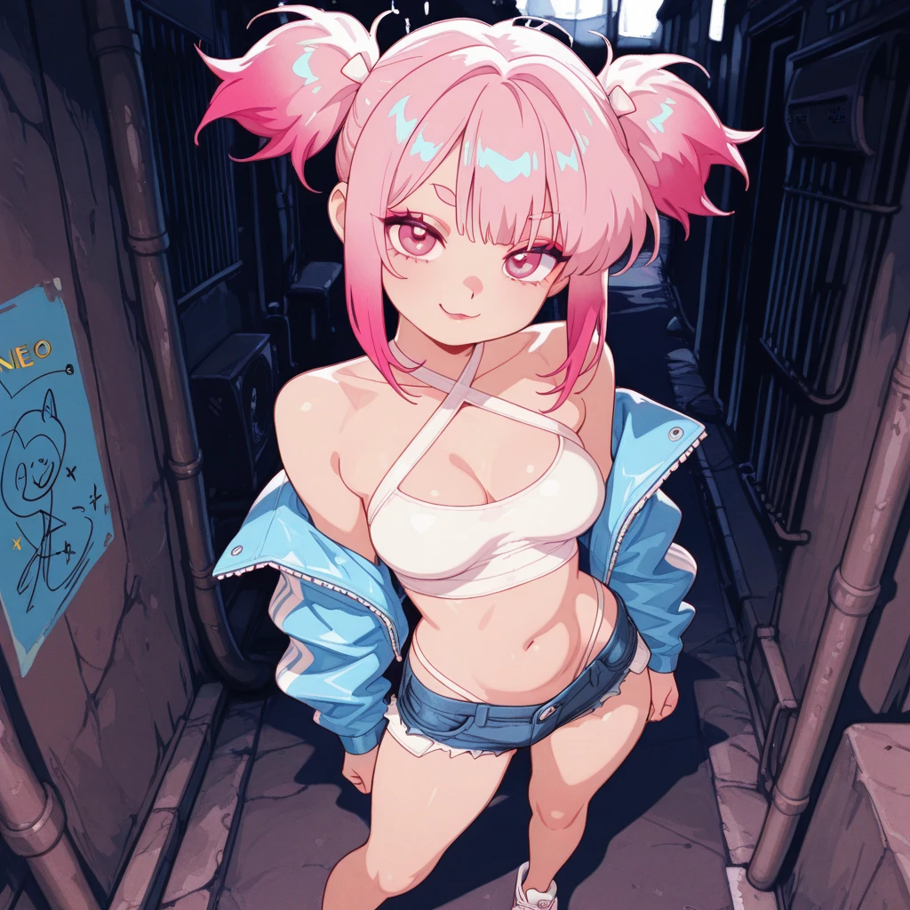 masterpiece, best quality, (1 girl:1.5), nice hips, slut, slutty bimbo clothes, medium breasts, smile, slut, young girl, bratty girl, wide hips, (white tube top), (pink shorts), midriff, (alley), neon lights, detailed eyes, pink and white outfit, straight hair, brunette, slutty facial expression, open fly, smiling, (offering sex), (loose hair), straight hair, looking at viewer, choker, pussy peek, solo, neon light billboard, red light district, ((prostitute)), (standing), pricelist, money, 