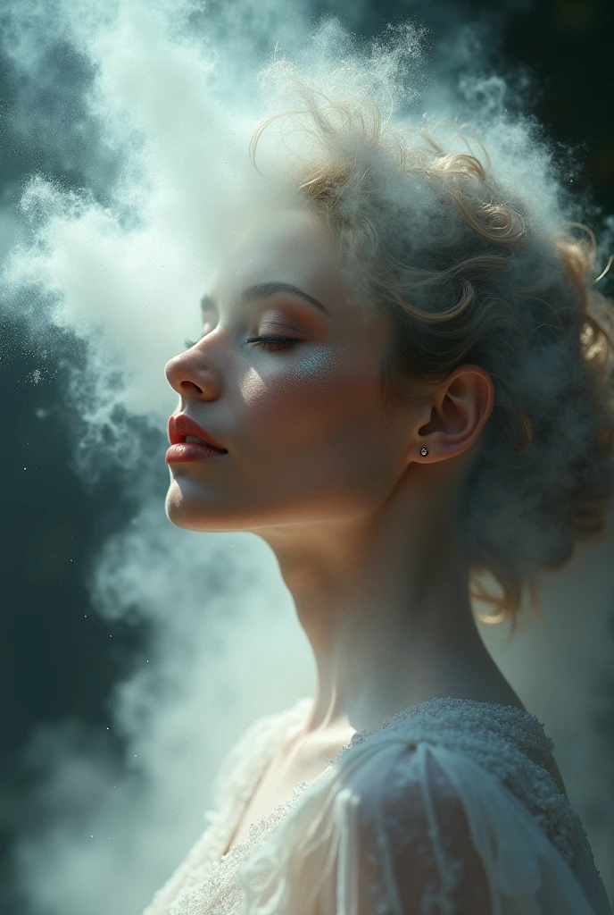 A woman's face hidden by a smoke cloud, cloud covering face::2, surreal photograph, long hair, movie still by Christoper Nolan, dress with flower pattern, foggy, city with skyscrapers, halation around lights, diffuse lighting, extreme high angle::2, Instax, pastel colours --style raw --v 5.2-