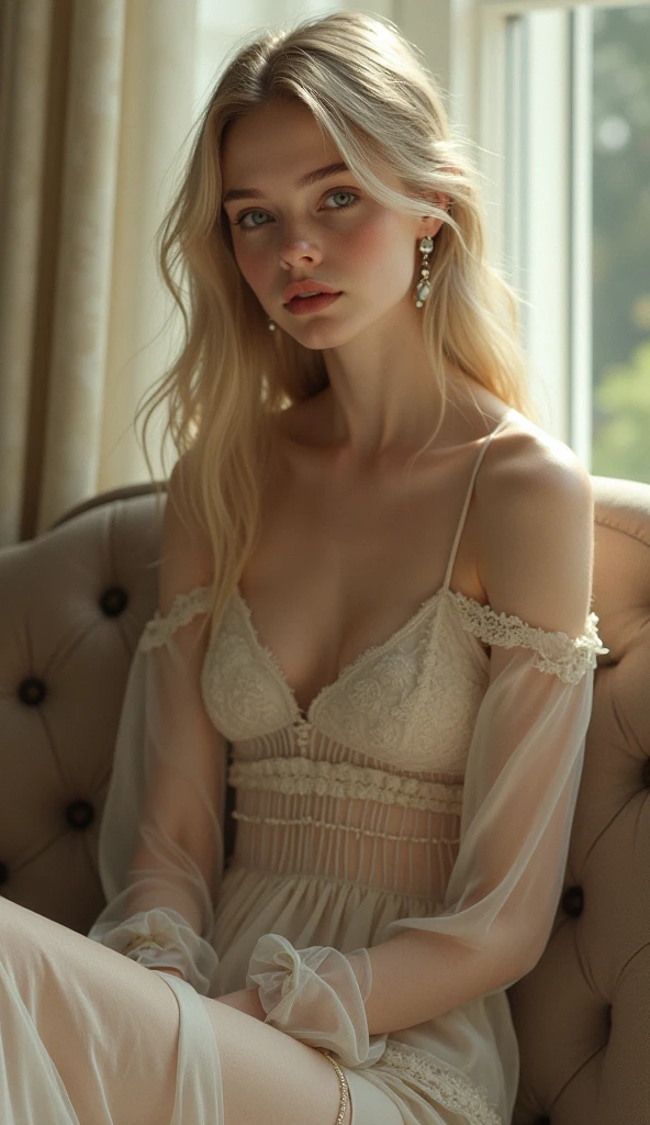Hyper-realistic photo of a professional model with pale skin posing for a fashion photoshoot. Beautiful model in transparent floral lace night short dress, slender figure, beautiful large breasts, covered in transparent veil, lots of body exposure, full body image facing forward, fantastical painting-like image, silver hair, white translucent skin, long false eyelashes, sitting on a chair facing forward with legs apart, facing forward with legs apart, lemon pastel transparent floral lingerie, glass high heels,