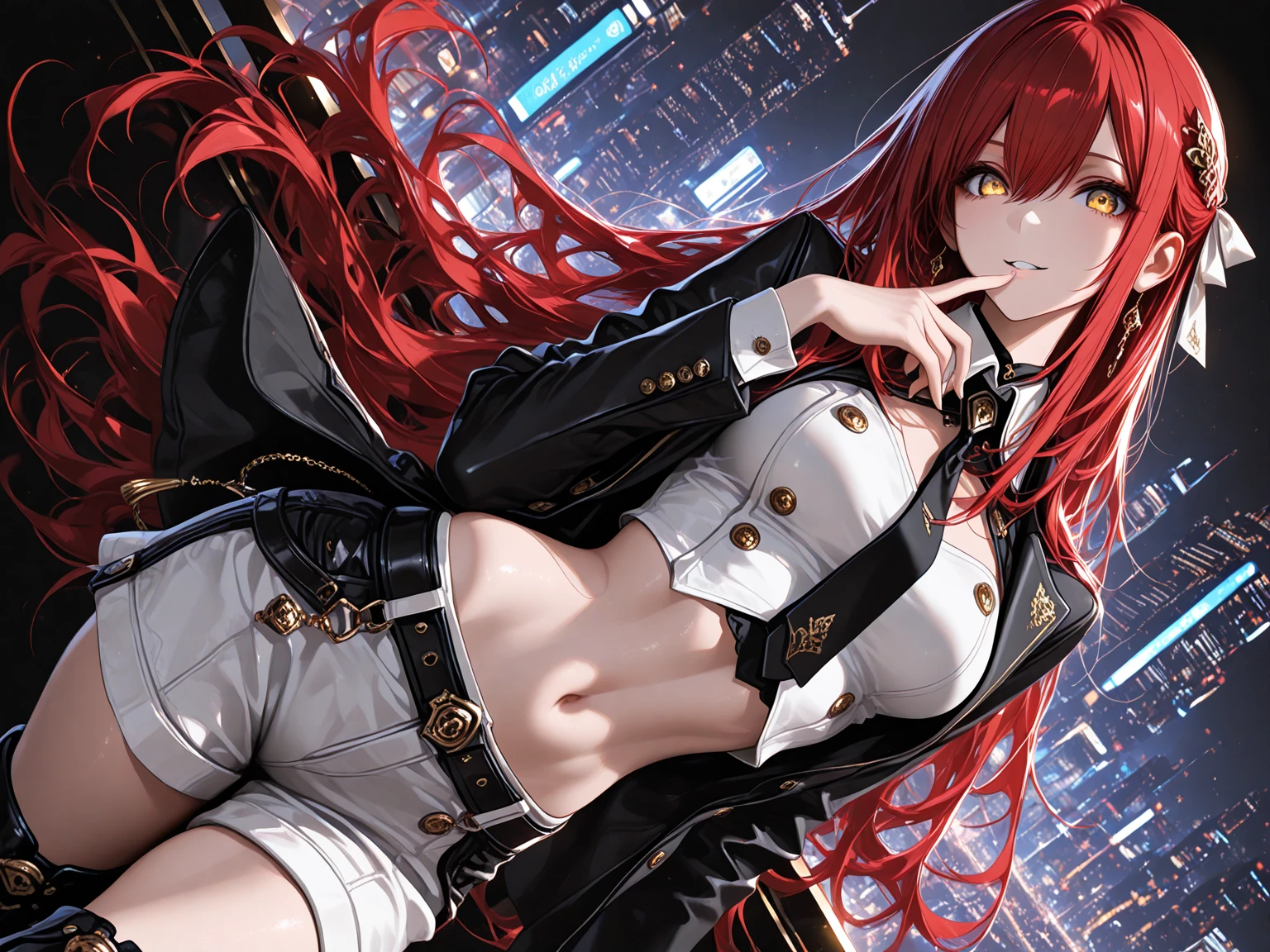  8k, HDR, extremely detailed face and eyes, beautiful face and eyes, perfect hands, good_hands, solo, 1girl, golden eyes, red hair, very long hair, straight hair, long sidelocks, hair between eyes, medium breasts, petite, very cute, beautiful, cool, handsome, hair ornaments, ribbon, hair ribbon, cargo shorts, white crop blouse with collar, tie, suit jacket, platform boots, stomach, navel, solo, cowboy shot, artistic error, looking at viewer, smile, parted lips, finger to mouth, sideways, city background, low angel shot, focus boots, masterpiece, best quality, amazing quality, cinematic angle, cinematic shadows,