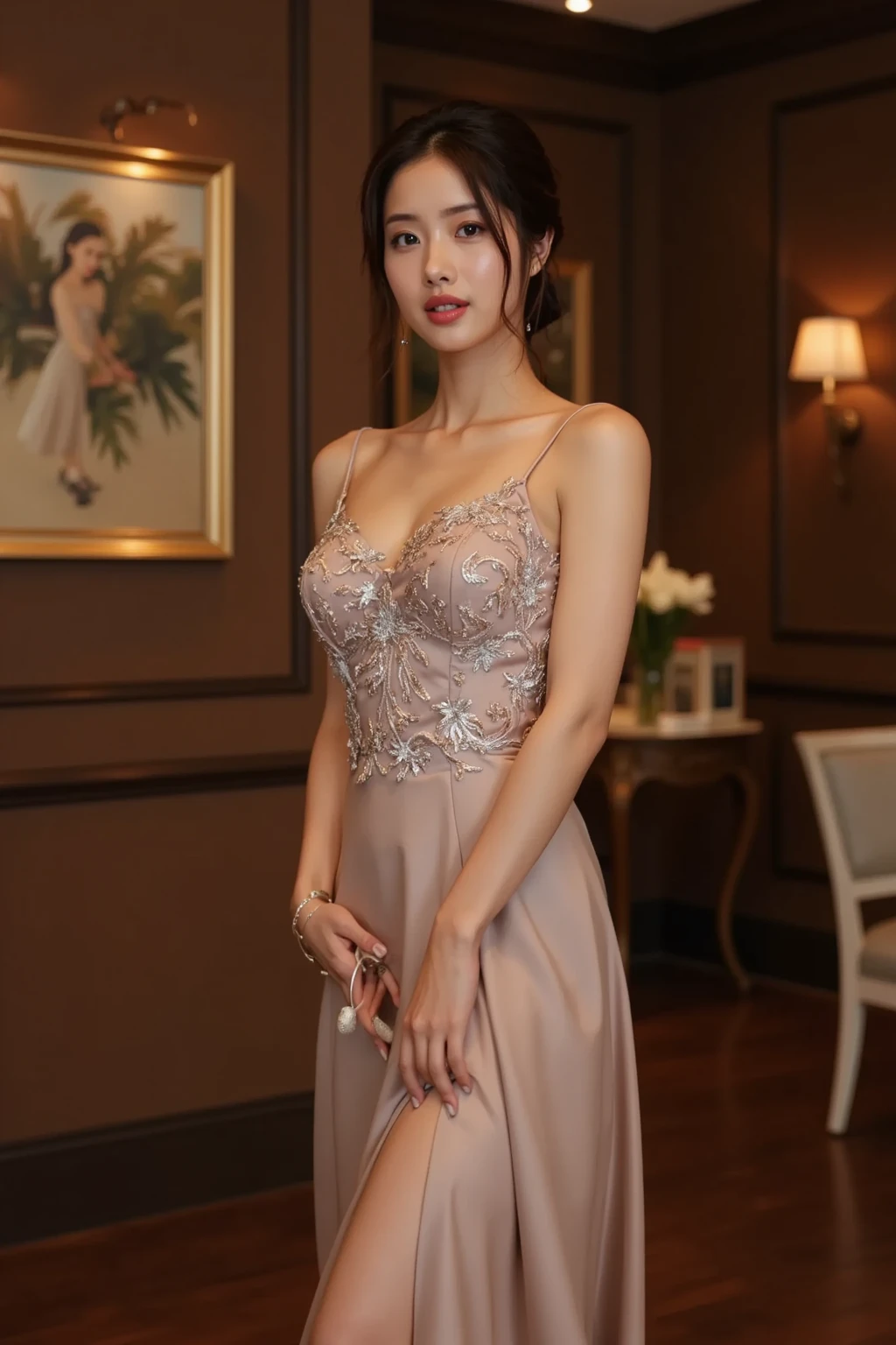 (((masterpiece))), (((Highest quality: 1.4))), ((Very detailed: 1.4)) , ulzzang-6500-v1.1, (RAW Photos:1.2), (Photorealistic), (Genuine:1.4), Sharp focus、Shot from the side、(Full Body Shot), (majestic style, sophisticated and elegant, holy and mysterious:1.2),(wearing ball gown dress:1.2), Upper class lady、Incredible beauty、A smile full of love、Innocent smile、