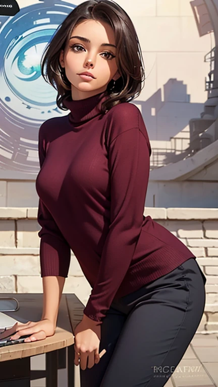 Short woman, 150 cm short, 19 years old, turtleneck sweater and skirt, extremely busty, big breasts in sweater, short but stacked