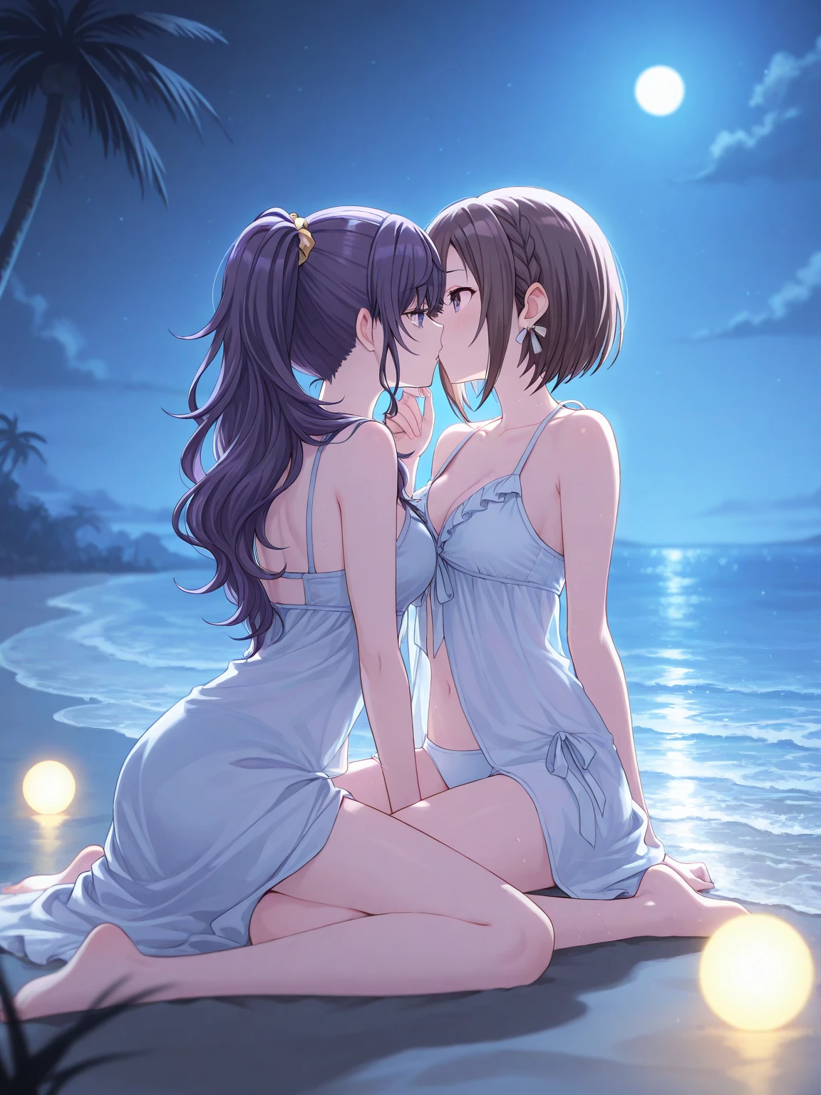 nsfw,Female couple kissing a naked woman on a deserted beach at night, (SFW) work, Kiss cutely, Girl Love Art, O'Pein, Side milk, Big breasts that hang down a bit, 大きいchest, (((Very long yellow curly hair))), (((shoulder length brown straight hair))), (Girl love kiss), The mouth is very small, (Girl love hug), Touch her clothes, (Interact'chest), お互いのchestを揉む