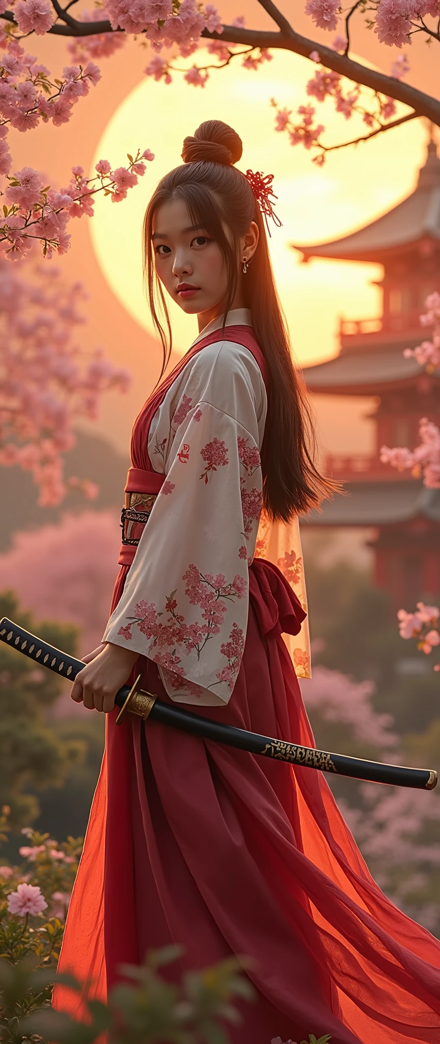 bello 1chica samurai, yukata, katana, beautiful young japanese woman, detailed face, elegant poise, holding katana sword, walking on flower petals path, mystical japanese garden, pagoda temple, sakura trees, golden sunset sky, vivid colors, photorealistic, masterpiece, 8K, high resolution, cinematic lighting, intricate details, digital art, concept art