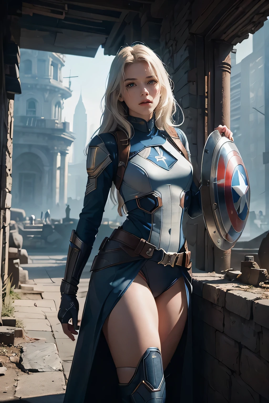 (1girl:1.3), solo, __body-parts__, official art, unified wallpaper 8k, super detailed, beautiful and aesthetic, beautiful, masterpiece, best quality, raw, masterpiece, super beautiful photo, best quality, super high resolution, photorealistic realism, sunlight, full-length portrait, amazing beauty, dynamic pose, delicate face, bright eyes, white hair ((rear view)), she wears a futuristic Captain America costume, blue color scheme, (holding a shield), Capital A on the chest, very detailed abandoned warehouse background, detailed face, detailed complex busy background, dirty, gorgeous, milky white, very detailed skin, realistic skin details, visible pores, sharp focus, volumetric mist, 8k uhd, SLR camera, high quality, film grain, light leather, photorealism, lomography, huge metropolis in a future dystopia, bottom view, translucent