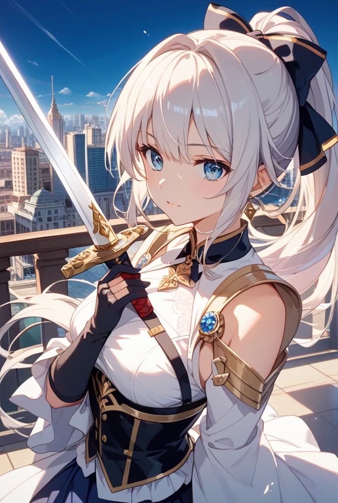 score_9,score_8_up,score_7_up,source_anime,masterpiece,best quality,incredibly absurdres,4K,8K,prefect lighting,(detailed background:1.3),
(detailed skin:1.2),shiny skin,
(little girl:1.2),(early teen:1.2),silver hair,blue eyes,round face,
1girl,long hair,medium breasts,looking at viewer,open mouth,floating hair,armpits,shouting,(serious:1.3),restrained,standing,one sword,black gloves,right hand holding sword,armor,(tiara:1.1),shoulder armor,gauntlets,pauldrons,breastplate,miniskirt,armored boots,jewelry,gold armor,looking_back,gold trim,
remains,from_side,panorama,