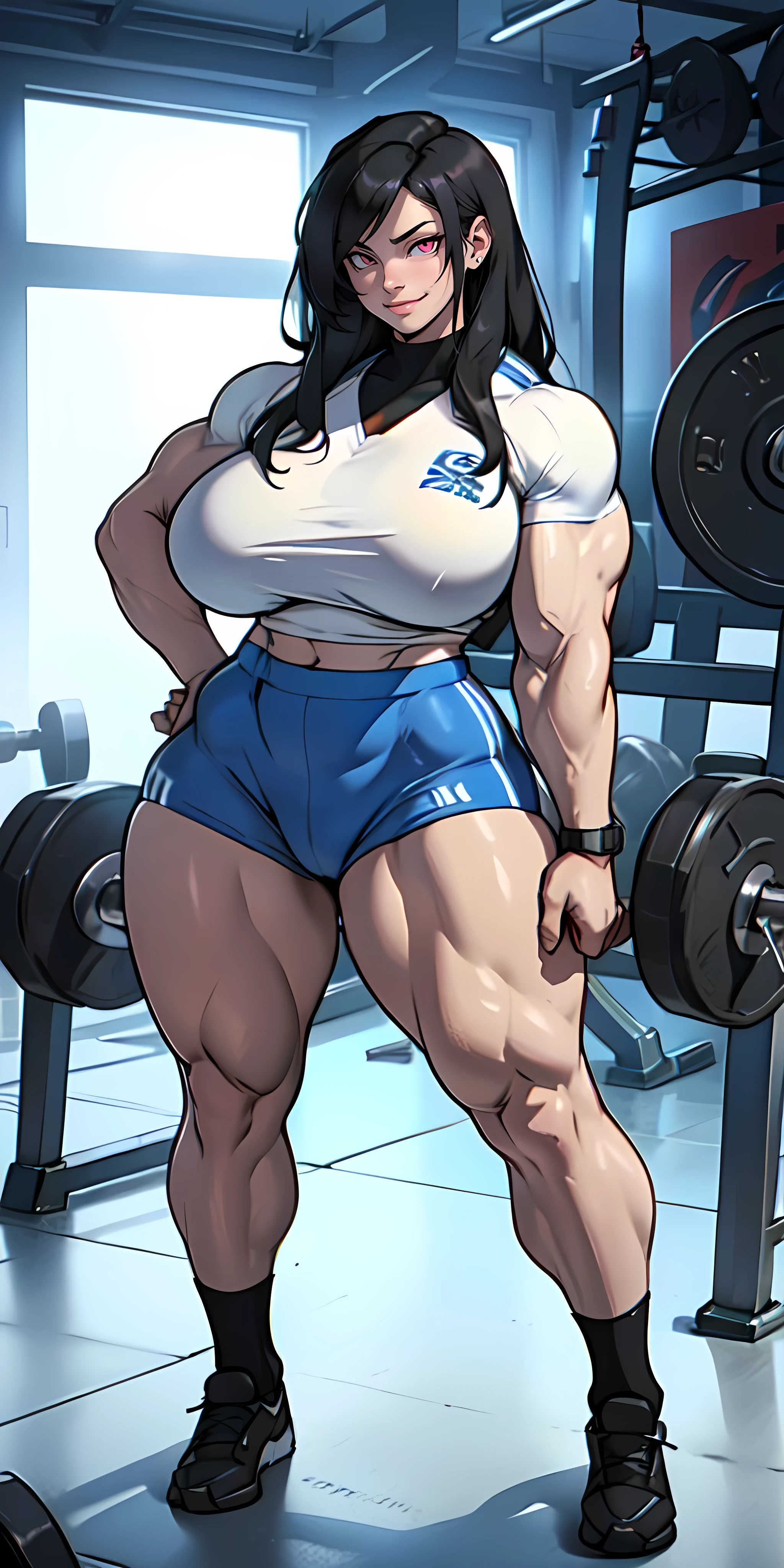 (((((massive female bodybuilder 1girl))))) ((((huge breasts)))) thick thighs (((NSFW))) (pale skin) black hair yellow eyes very long hair ((full body))