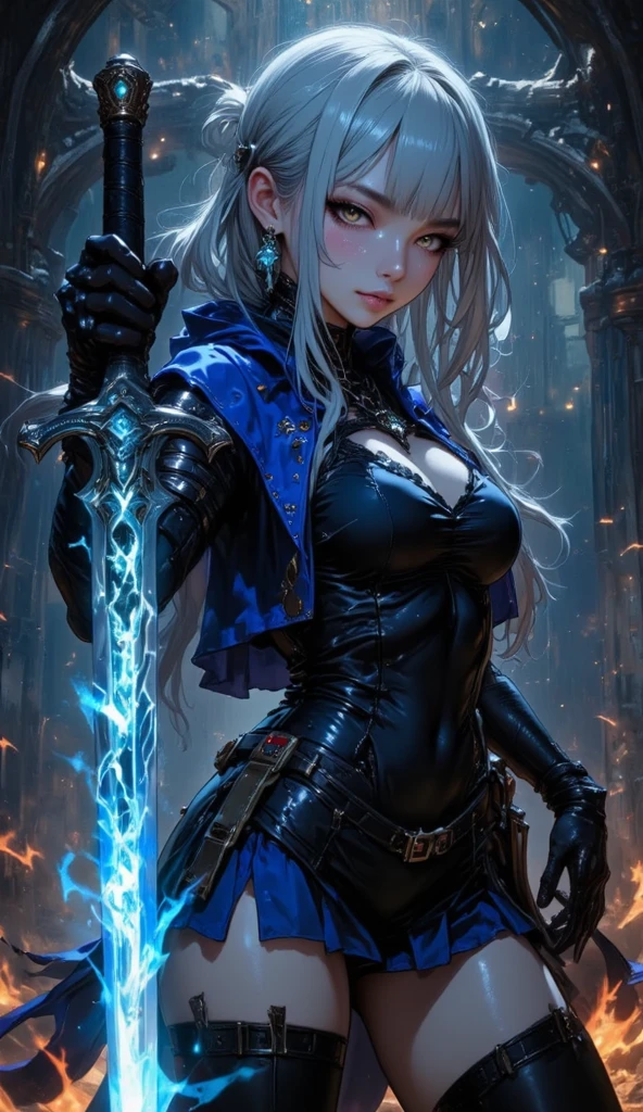 fantasy art, steampunk art, RPG art, photograph, RAW, , Best Detailed, picture of a woman wizard, manipulating magical blue fire, extremely beautiful woman (best Detailed, Masterpiece, Hyperrealistic: 1.5) blond hair, rich hair, wavy hair, dynamic eyes color, wearing black and white dress, wearing white cloak, wearing pantyhose, wearing high heeled boots, laces boots, make up, steampunk background, ultra best realistic, best details, best quality, 16k, [ultra detailed], masterpiece, best quality, (extremely detailed), ultra wide shot, photorealism, depth of field, hyper realistic painting, GlowingRunes_purple, blue fire