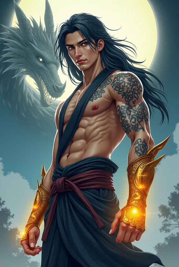 Best quality, 4K, solo, (anime: 1.2), male, juvenile, with a Chinese dragon horn on the head, earrings on the ears, bracelets on the wrists, (metal ankle rings on the ankles: 0.8), ancient Chinese style, (upper body: 0.2), (bare shoulder: 0.8), long hair, (fair skin: 1.5), dance moves
