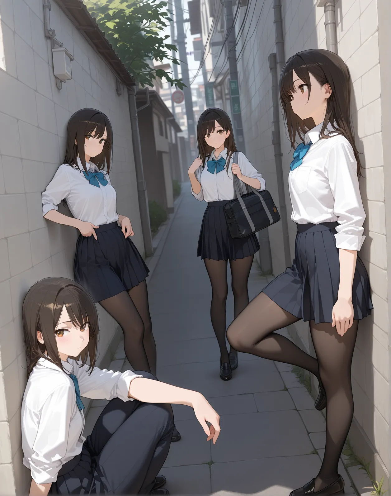 1girl,,legwear,,anklet,black hair,straight_hair,hime cut,long hair,sneakers,huge filesize,scarf,Uniforms,lace,student, breasts,Show your belly button