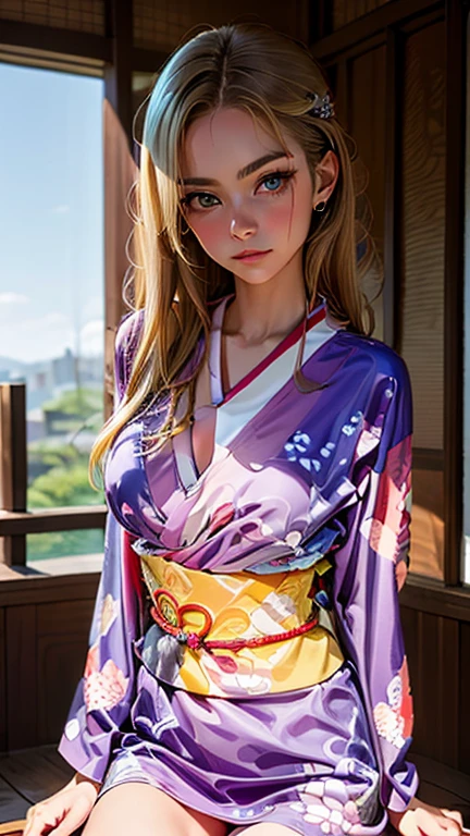 8K, Top Quality, Intricate Details, Ultra Detail, Ultra High Resolution, Masterpiece, close up shot, (full body: 1.1), Slender, Smile, (Makeup: 0.4), ,((purple eyes, green hair, bangs, long hair, high ponytail)), (Fluffy  Eyes: 1.21), (()), 1girl, solo, 1 girl, (()), close up shot, , ((tall)), (((fit body))), (((slim face))), sharp face, ((, ((kimono, skin tight kimono, kimono)), , ))  ,(detailed face), sharp face, small lips, , ,(( )) ,, ,
 ((,no bra, braless )), , (( )), detailed face, detailed breast, ((large breast ,huge breast,  detail nipples)) ,, Narrow Waist, Skinny, tall , 190 cm tall, Muscular, Navel, Exposed Abdomen, Pointed Chest,, Beautiful girl with accentuated slender abs: 1.4, Six Pack Abs: 1.4, , Perfect Body, detail legs, (( dark background)), black background,