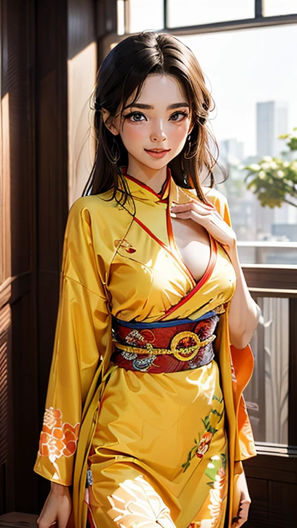 ((Highest quality, 8k, masterpiece :1.3)), (Sharp focus :1.2, Beautiful woman with perfect figure :1.4, Slim Abs :1.2), ((Big Breasts, Emphasize cleavage:1.3)), (Photorealistic:1.4), (realistic:1.4), (Light brown hair:1.5), Highly detailed face and skin texture, Fine grain, double eyelid. Makeup face, A little bit of lipstick, sex appeal, Sexy gravure pose, ((At the summer festival、A beautiful woman wearing a yellow yukata、Standing in front of the stall with a slight smile。Colorful lanterns and food stalls line the background.。She has a white flower ornament in her hair.。:1.3)