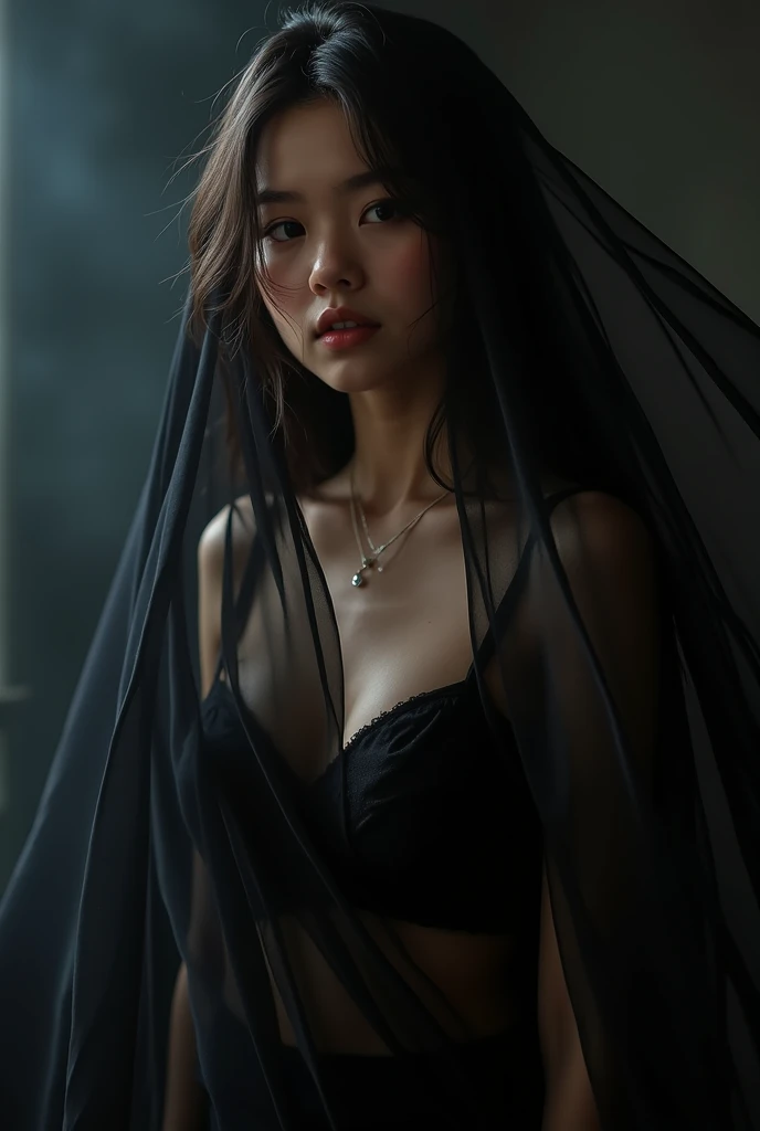 absurdres, RAW photo, extremely delicate and beautiful, masterpiece, Best Quality, ultra high resolution, 32k, hyperrealistic, ultra-detailed, delicate facial features, beautiful detailed woman, tearful mole, earring, medium breasts, ((full body shot)), medium hair, black hair, cloak,