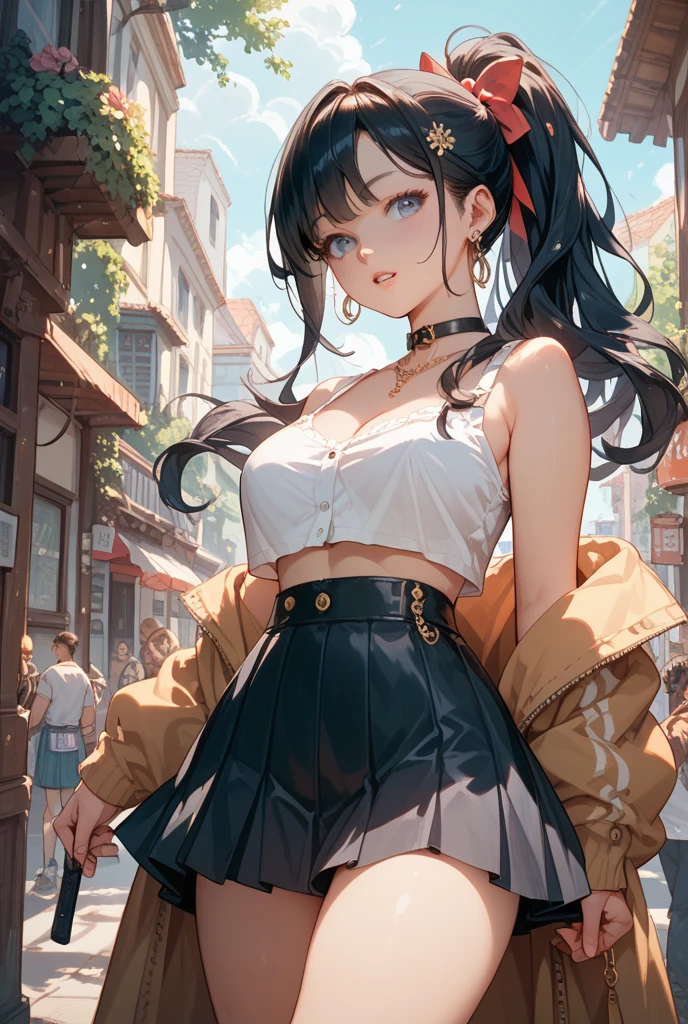 vixx, with brown eyes and long black hair styled on one side up, is captured in a photo flirting to the camera, bare shoulders , wearing a plaid microskirt and fishnets, showcasing her mesmerizing red lips, sexy glossy background <lora:vixx_sd15_lora_v01:1>