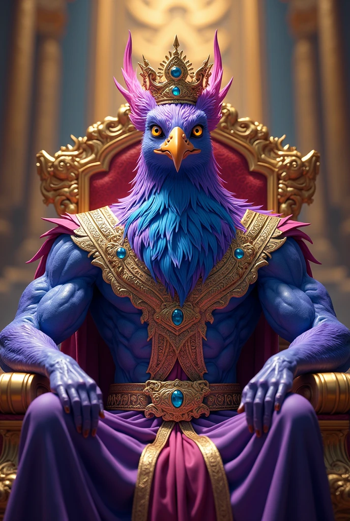 Humanoid black horned owl, owl face, male, big purple eyes, long eyebrows, black skinny hands, loose clothes, galaxy clothes, long collars, galaxy cape, purple pants, golden crown, in a palace, galaxy curtains, among the stars, sitting on a throne, solo, cowboy shot, masterpiece