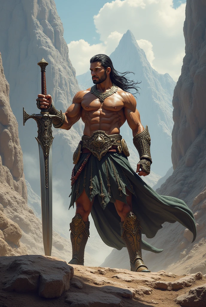 oil painting, oil on canvas, a slender and god-like seraphic Adonis with long cascading pitch black hair, dark black skin, shirtless, wearing ((white briefs, big bulge)) and wielding a Sword, dynamic full body pose, art style of Alexandre Cabanel, Daniel Gerhartz and Gaston Bussiere, classic art, neoclassic style