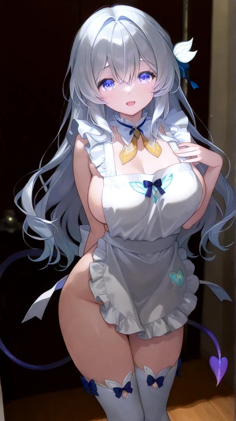 Plain white with big breasts emphasizedTshirt、You can see the chest from the neck、Ultramarine and white striped mini skirt、When you lift up her skirt you can see her cute white frilly underwear.、barefoot、library、Three girls of different heights Magical girl with magic wand