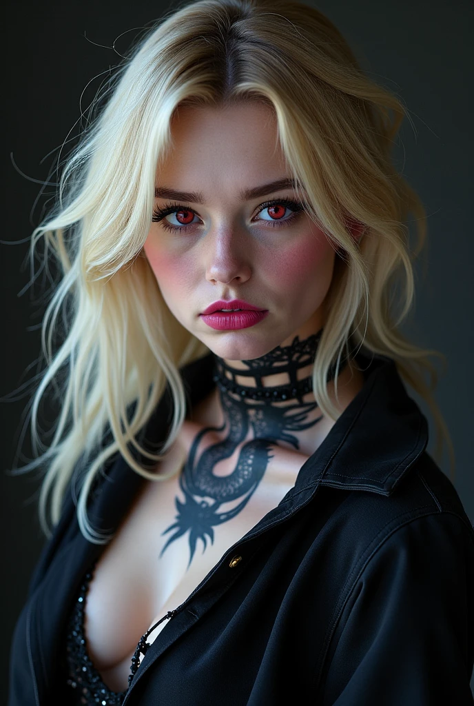 Create a hyper detailed photograph of a tattooed muscular young sexy goth vampire girl, Stunningly perfect gorgeous feminine face, perfect vampire teeth, perfect makeup, detailed vibrant eyes, long flowing hair, big beautiful muscular legs, big beautiful muscular arms, perfect hour glass body figure, detailed smooth skin, large breast, perfect round ass, complete full body view,
