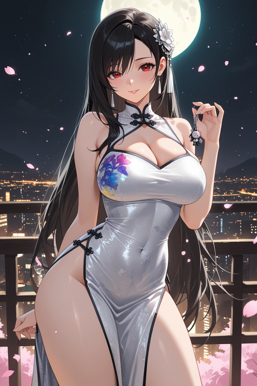 Highest quality, Super quality, 16K, Incredibly absurd, Very detailed, delicate and dynamic, SFW, Natural light, Fine particles reflect rainbow colors, Diffuse reflection of light, Vortex of Light, Many cherry blossom petals fall, Hong King bay, Night view, moon, Create amazing image effects, Upper body close-up, (, cute sexy girl, big busts, Sensual expression, peacefulness, Elegant, Charm, lure, , hair ornaments, black long hair, Chinese traditional long silk dress, Tifa Lockhart Final Fantasy VII)