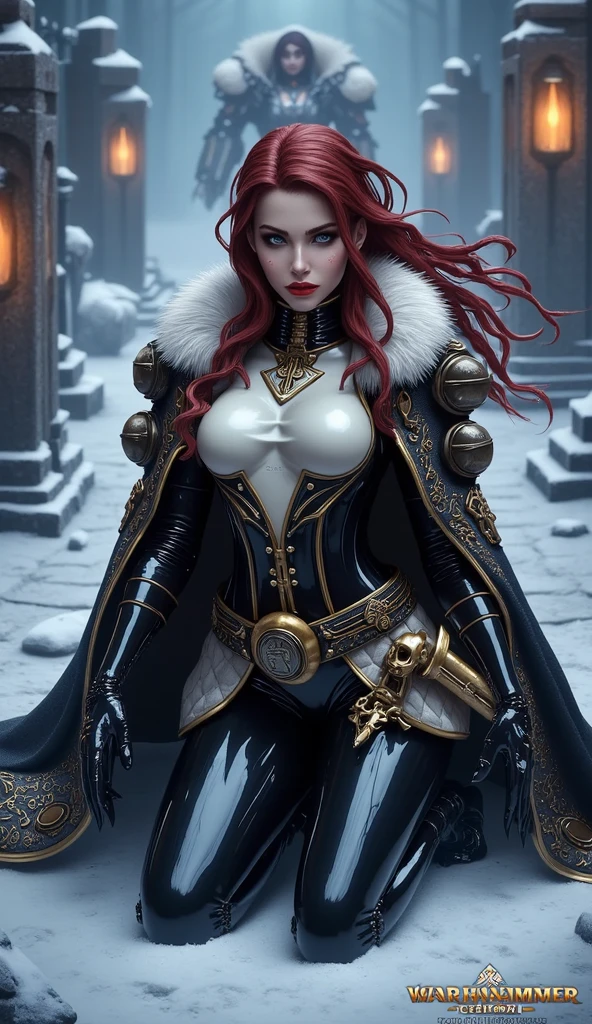 a woman with red lipstick has armor on and is holding a sword, kirijou mitsuru, 1girl, solo, hair over one eye, long hair, (((red hair))), weapon, rapier, sword, bodysuit, black bodysuit, grey bodysuit, hand on hip, (((large breasts))), (purple theme:1.2), ((indoors)) (In Baroque style hall:2), queen, majestic, graceful, perfect face, beautiful face, perfect female body, mature female, (glowing red eyes:1.2), short ponytail, Queen's crown, darker violet gossamer veil, royal red cloak with jewels and fur, royal red shawl with jewels and fur, earrings, jewels, jewelry, head ornaments, hands ornaments, legs ornaments, high heels, Narrow waist, big ass, wet, wet body, sweating body, shiny skin, ((no close up)), (8k, RAW photos, highest quality, masterpiece: 1.7). (Realistic, Photorealistic: 1.9)