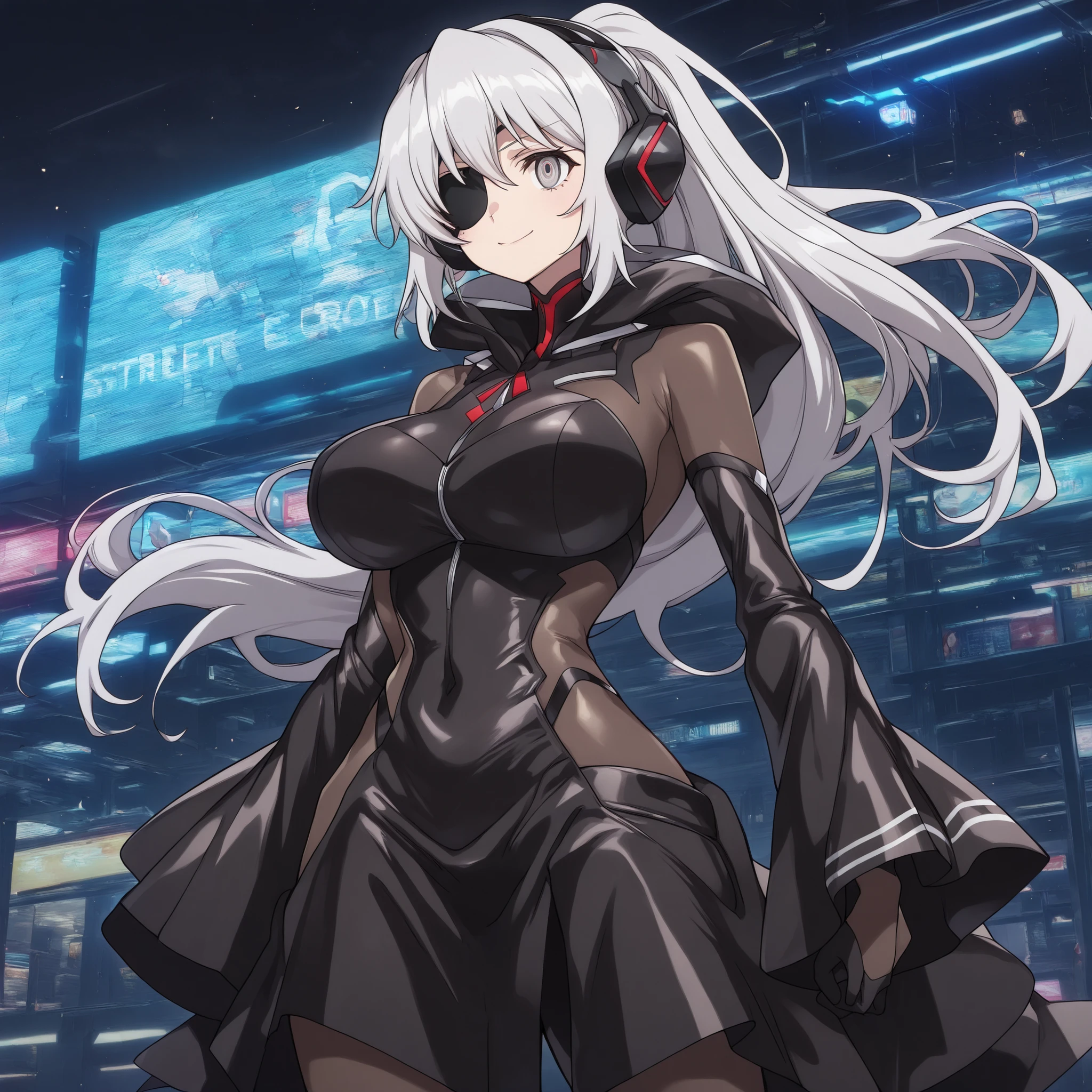 silver eyes、smile、(Very Long Silver Hair、Eye patch、Cyberpunk style、Street Style、Techwear、headphones) 、((raincoat、very big breasts))、anime style、high image quality、high quality、1girl、sexy、NSFW、Dark Core、cowboy shot