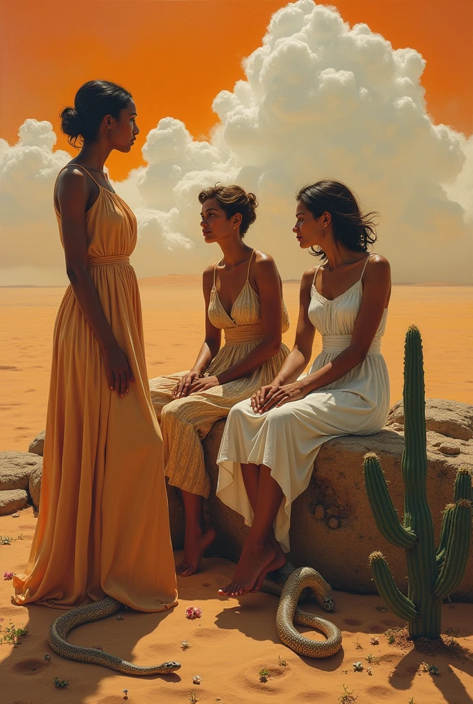 alone in the universe, in watercolor style, Photorealism, discreet golden and ruby and mint shades, (nude) gentle modest thin girl 16 years old (with a very beautiful exquisite face) southern type with short dark hair with beautiful breasts with tender nipples (barefoot) in a long orange skirt walking in the distance (Across the desert) (and carries a clay jug of wine), stunted little plants, drought, precious jewelry on the neck and chest and on the wrists, precious bracelets, ankle bracelets