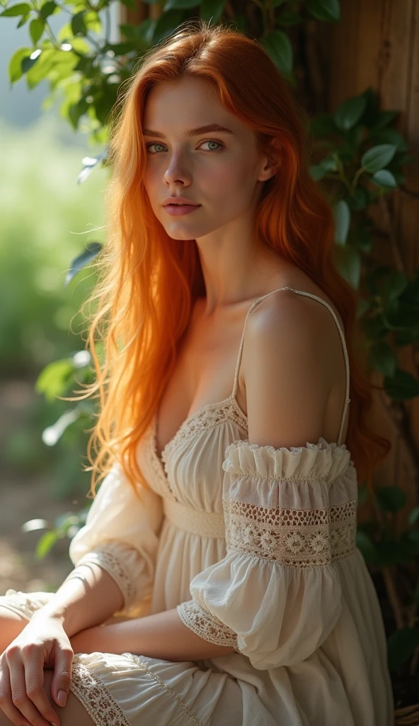 Beautiful, sexy, cute and a little bit shy teen with wonderful green eyes and red long hair. She is teasing with her outfit. She stands in beautiful nature. She wears hippie clothes and presses her breast against each other