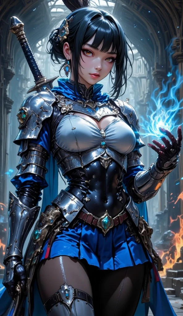 best quality,4k,8k,highres,masterpiece:1.2),ultra-detailed, extremely detailed eyes, extremely detailed body, (large masterpiece digital art), (detailed manga illustration), (detailed line art), ((perfect anatomy)), (intricate details:1.3), (ultra-detailed:1.3), (illustration:1.3), (sharp focus:1.3), (natural lighting:1.05), (vivid colors:1.3), (masterpiece), best quality, expressive eyes, perfect face, 1 girl, breasts, gloves, large breasts, {blue hair}, medium hair, wavy hair, (gray eyes), hourglass physique, huge ass, dynamic pose, dynamic lighting, fur trim, hair bun, glowing, crystal, delicate\(armor\), armor, ((full armor)), cuisses, shoulder armor, belt, hand guard, boots, glove, particles stream, creationmagic, ethereal creation, Magic Circle, glowing, crystal, jim lee, beautiful esd_woman, hair bun, fur trim, jewelry, crystal, wild energy, cinematic lighting, heroic atmosphere, Beautiful woman, Atey Ghailan, Jeremy Mann, Greg Manchess, Antonio Moro, trend in ArtStation, trend in CGSociety, Intricate, High Detail, Sharp focus, dramatic and photorealistic painting art by Midjourney and Greg Rutkowski, Marvel Cinematic Universe style, (((mystical gothic castle in the background))),
