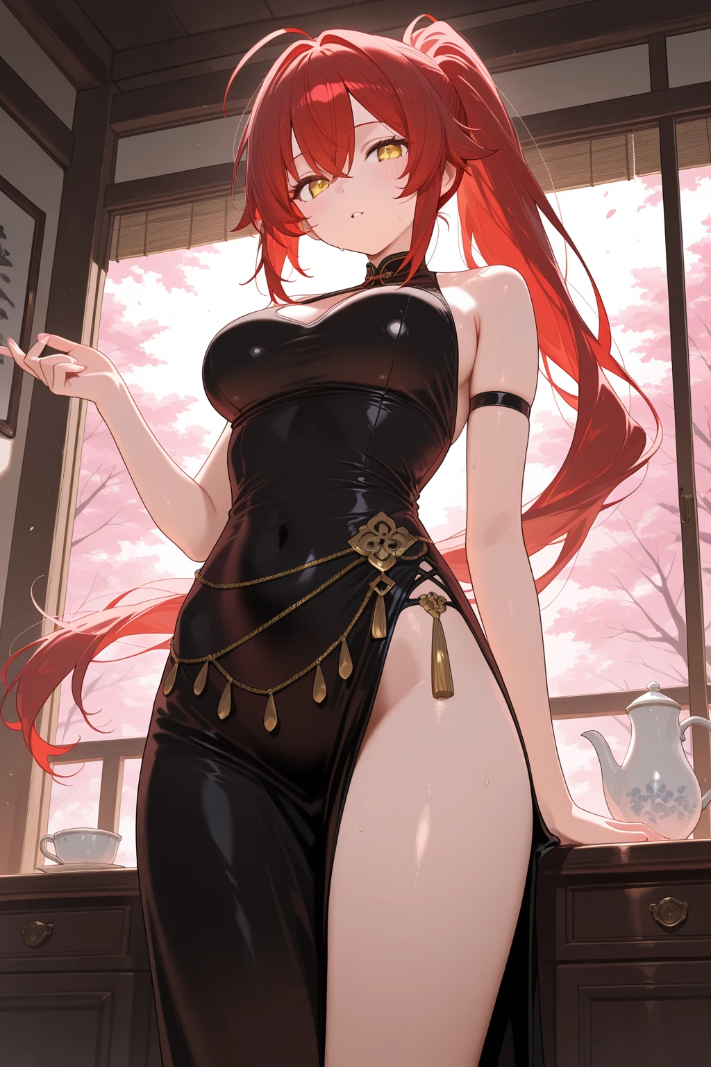 (((professional: Step by step, taking into account even the smallest detail, God-level final result, all intricate details, cowboy shot, solo 1girl view))): "1 fox girl, ruby eyes, fox ears, fox tail, high ponytail, firm breasts, medium breasts, smug, cute, short black china dress, very low-cut, (light clothing very thin and transparent like air), side full body, pelvic curtain, thigh ribbon, (pumps:1), (hugging own leg:1.1), chinese style, indoors, sharp focus, looking at viewer, (intricate:1.3), red light theme, (orange tone:0.7), illustration, "
