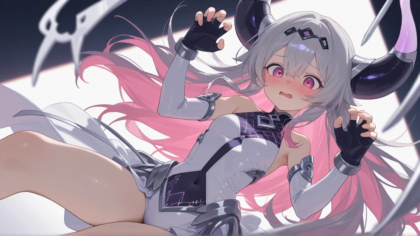 1girl,solo,glowing magenta eye,colored sclera,white hair, long hair,((pale skin,extremy white skin,hair over one eye,halo pink)), sharp teeth, open mouth,medium breasts,((white bra,white bikini,hidden arms,white skirt,bare feet,villain,psycho,villain smile, psychopath,Angry)),(((floating  in front a ruins in night,masterpiece,hd,best quality,8k,detailed face,close-up on face,flashes of pink light around))),(((wallpaper))))