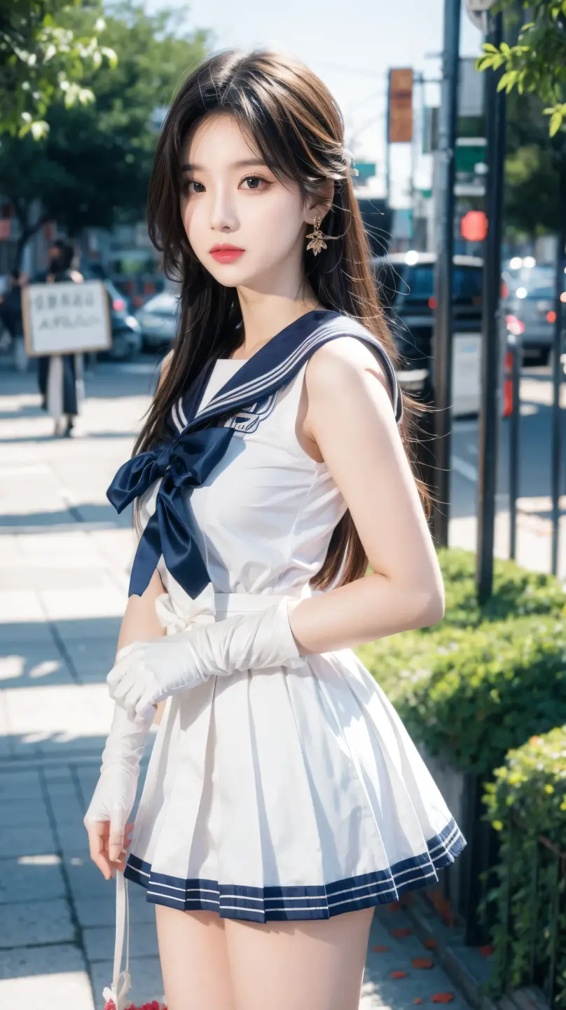 mix4, (8K, Raw photography, Top image quality, masterpiece: 1.45), (realisitic, Photorealsitic: 1.37), one girls, cute little, A city scape, profetional lighting, photon maping, Radio City, physically-based renderingt, Gradient black hair, kawaii、girl with, (((Randomly generated plain clothes))), Top Quality Photos, hight resolution, 1080p, (clearface), (Detailed face description), (Detailed hand description), (masterpiece), (Exquisite CG)、extreme light and shadows、dishevled hair、master work、abundant detail、(Fine facial features)、(top quality photo)、(masuter piece)、(A detailed eye)、Look in front of you、Fine clavicle、((Slender big))、((Private School Uniforms:1.9、summer clothing、a sailor suit、a miniskirt)))、((In front of Shibuya Station))、((Wearing a white beret))、(Shooting from random perspectives)、(((Sleeveless)))、耳Nipple Ring、A big smile、Drawing the whole body from the knees、Holding a black leather bag、