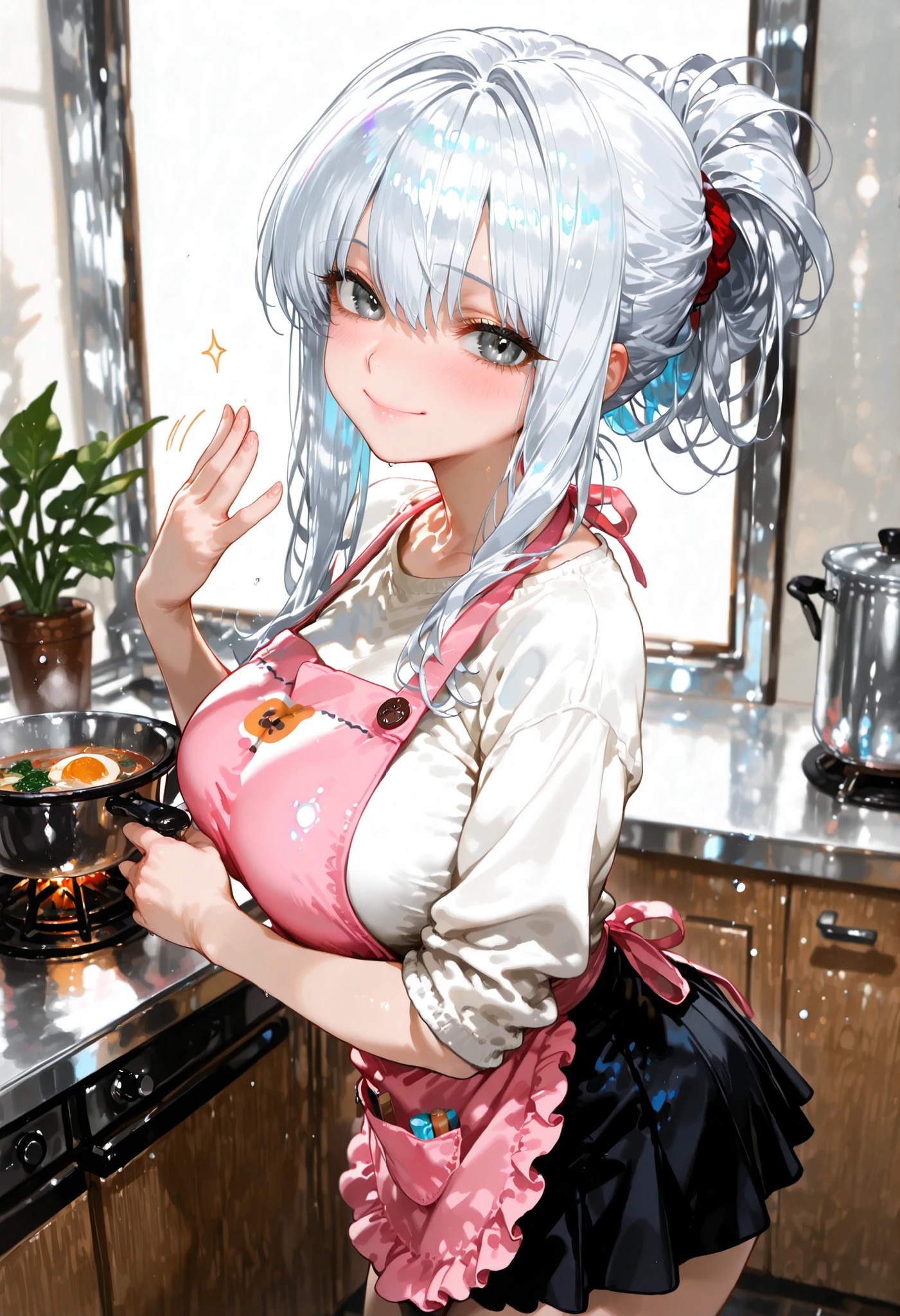 shoukaku_kantaicollection,long_hair, hairband, white_hair, brown_eyes,(masterpiece:1.4), (best quality:1.4), (high quality:1.4), (detailed:1.4), (ultra detailed:1.4),(hyper detailed:1.4),(insanely detailed:1.4), (exquisite:1.4),(beautiful:1.4), art CG,8K, ,full body,1girl,solo, (naked apron:1.2),(blush:1.2),smile