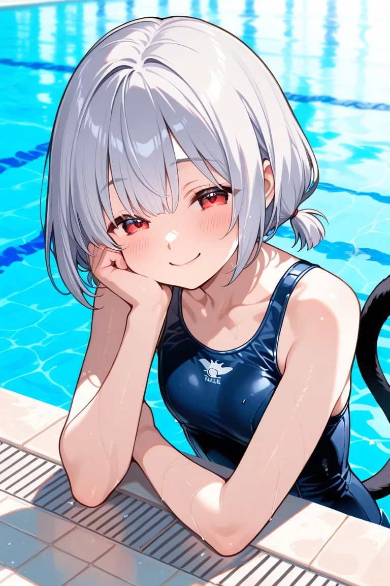 1girl in, fox ear,  light blue short hair,bangs pinned back,Ahoge,Colored inner hair, yellow eyes,Cute, blush, medium breast, pool, school swimwear, sweat, afternoon